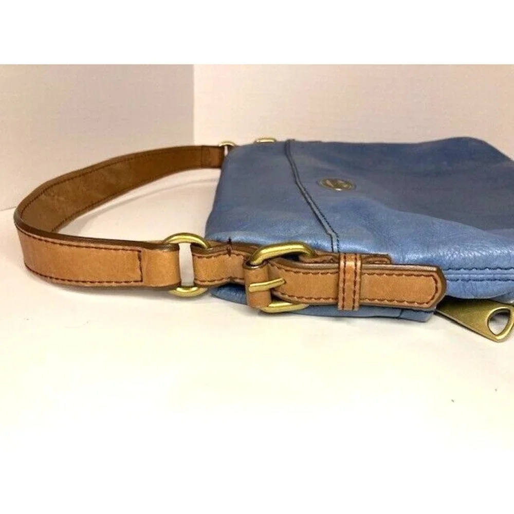 Vintage‎ Fossil Cowhide Leather Fold-Over Denim Blue Shoulder Bag Hobo